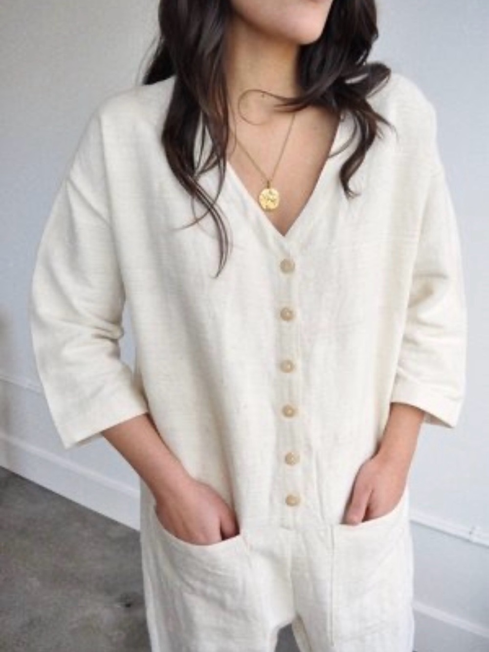 Happy French Gang Line Cotton Utility Jumpsuit Cream Button Front Pockets S Boho